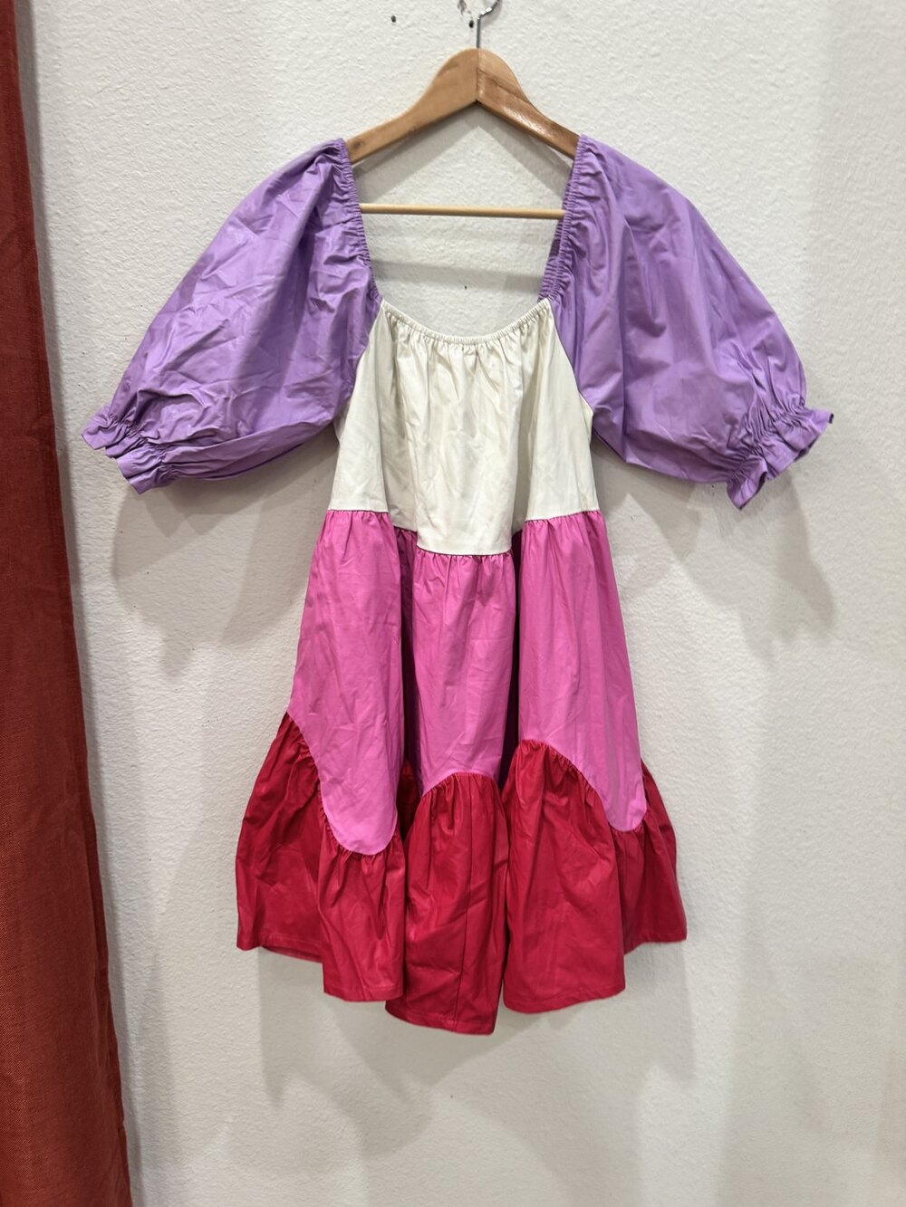 Fantastic Fawn Faux Leather Color Block Dress S Pink Lavender Puff Sleeve